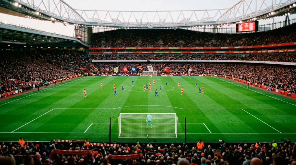 Aficionados en un estadio de futbol ingles viendo un partido de la Premier League