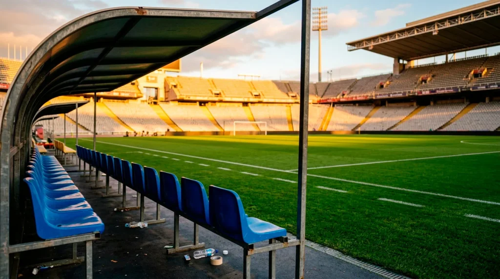Banquillo de un estadio de fútbol vacío con el césped perfectamente cortado y las gradas iluminadas al atardecer