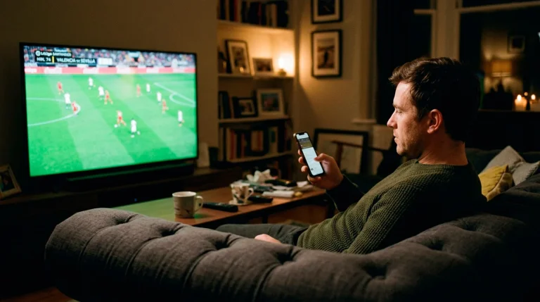 Persona sentada en un sofá mirando un partido de fútbol en televisión mientras sostiene un smartphone