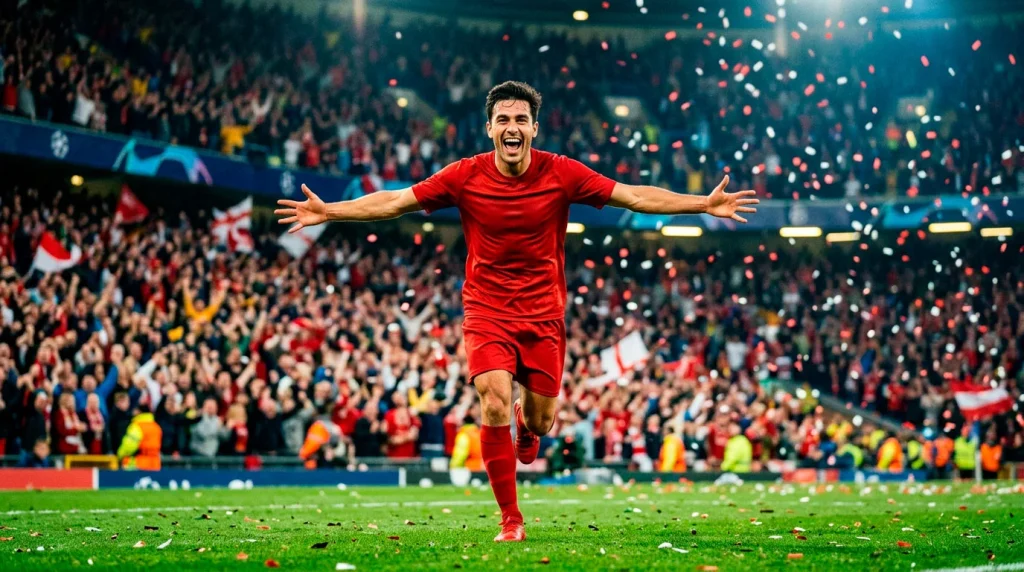 Futbolista celebrando un gol en un estadio de la Premier League con público al fondo