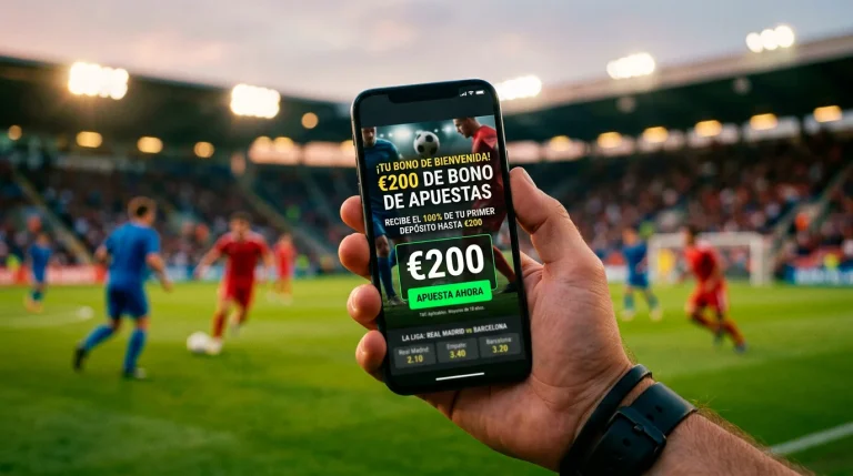 Pantalla de móvil mostrando una promoción de apuestas deportivas con el símbolo del euro