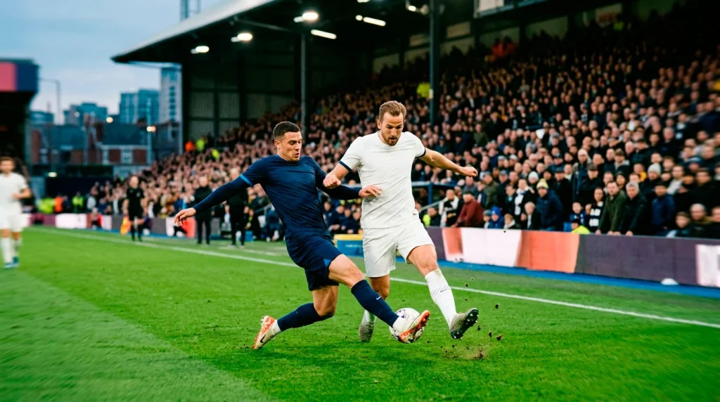 Dos equipos de fútbol enfrentándose en un partido de la Premier League con balón en juego
