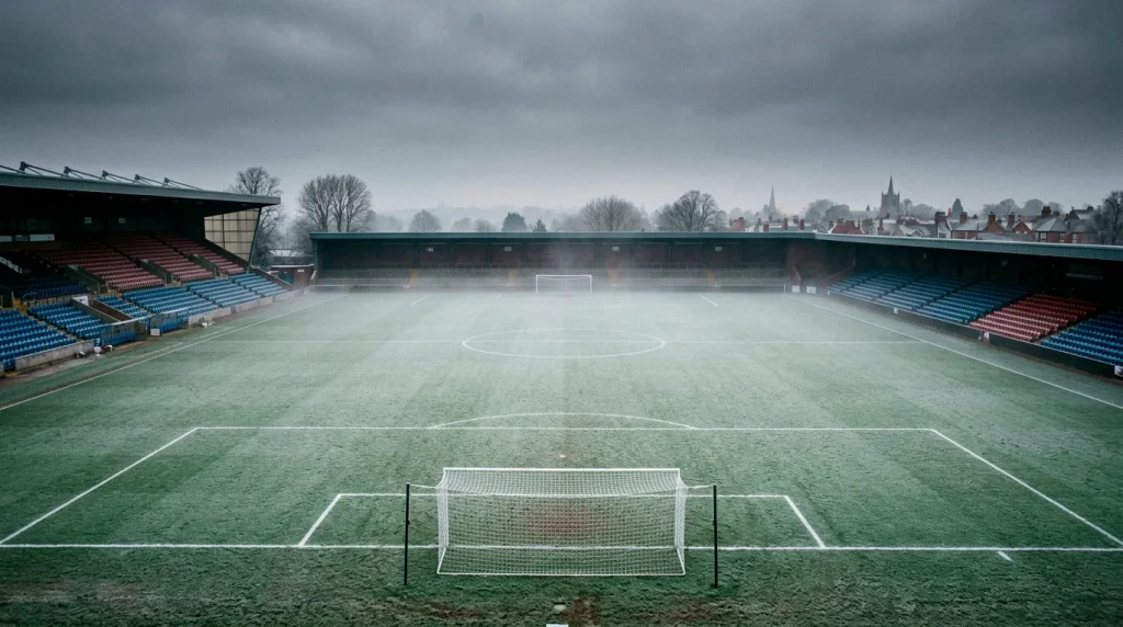 Campo de fútbol inglés cubierto de escarcha bajo un cielo invernal gris con las líneas del terreno de juego marcadas en blanco