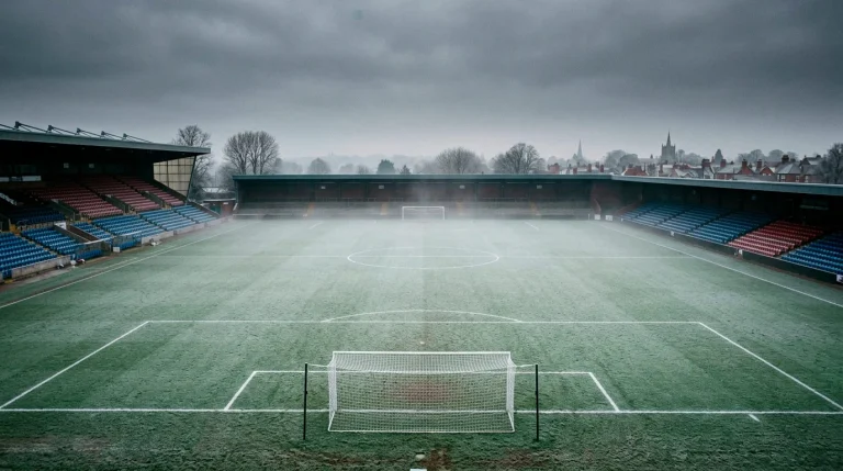 Campo de fútbol inglés cubierto de escarcha bajo un cielo invernal gris con las líneas del terreno de juego marcadas en blanco