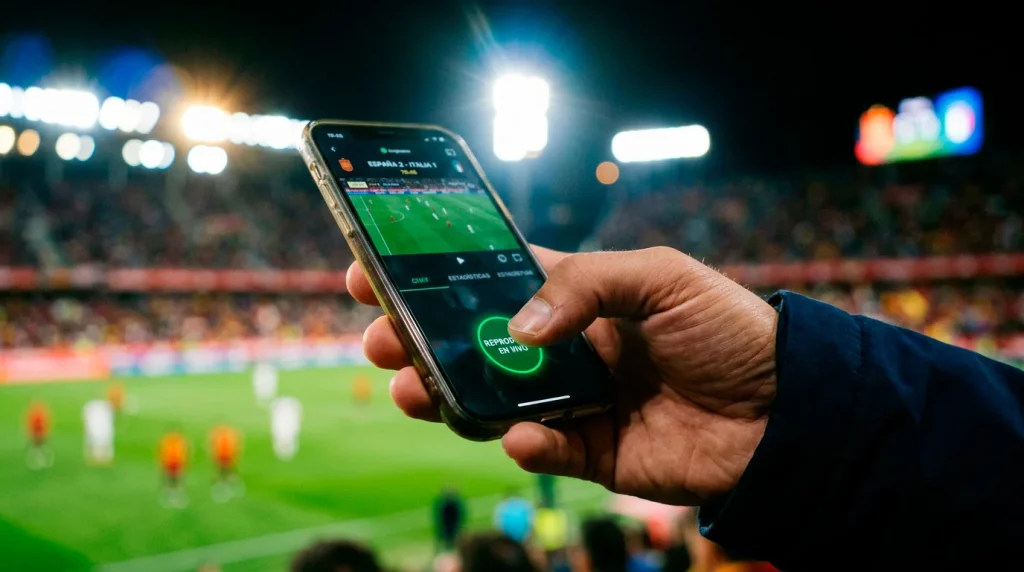 Dedo pulsando un botón verde en la pantalla de un smartphone durante un partido de fútbol en un estadio iluminado