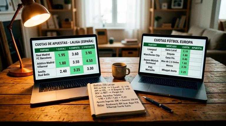 Mesa de trabajo con dos pantallas mostrando cuotas de apuestas deportivas de fútbol en diferentes operadores