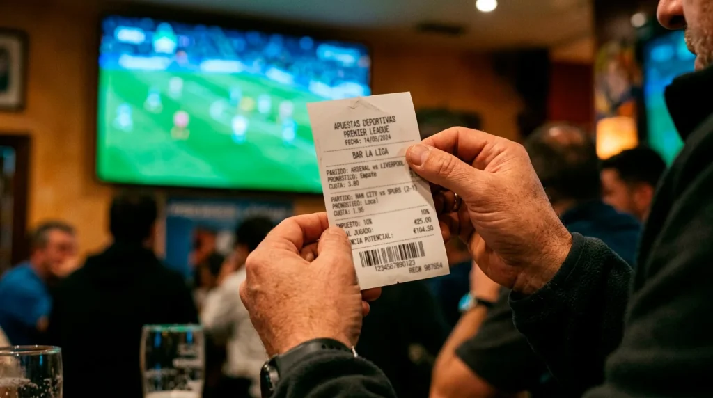 Mano de un apostador sosteniendo un boleto de apuestas frente a un partido de fútbol en un estadio