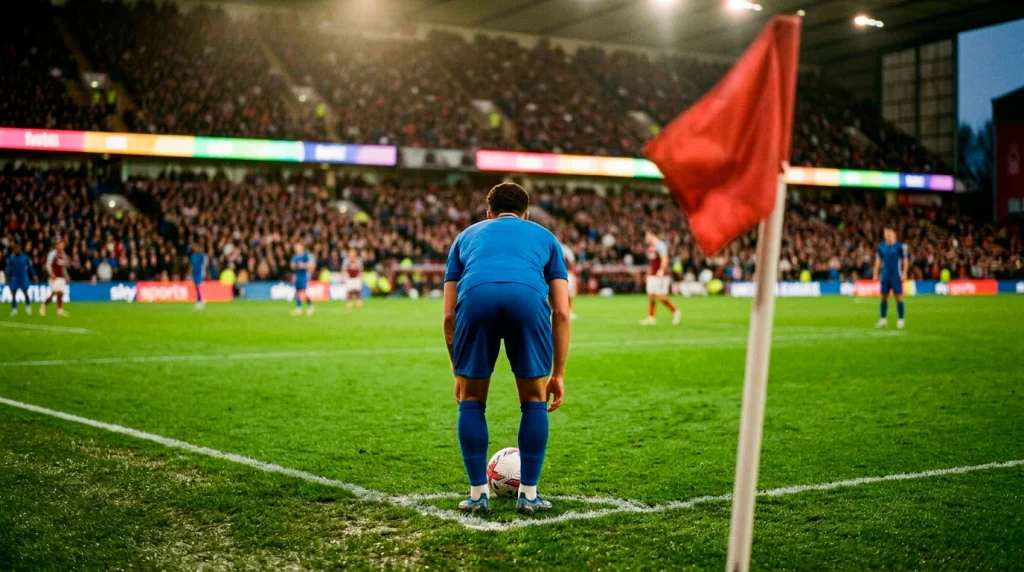 Jugador de fútbol ejecutando un saque de esquina en un partido de la Premier League bajo los focos del estadio