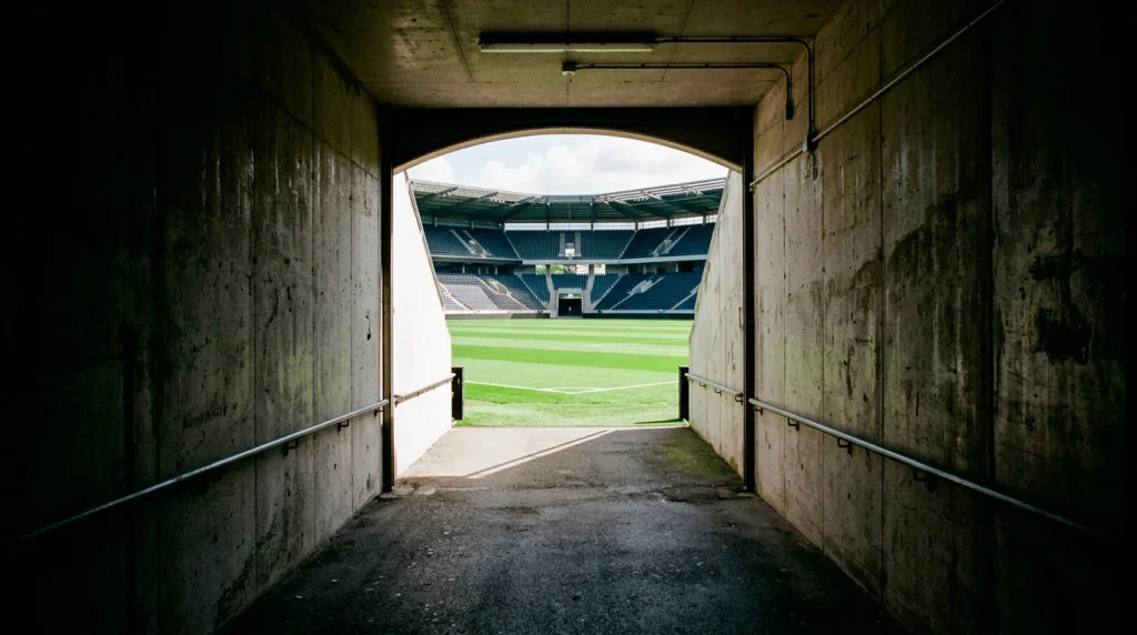 Túnel de vestuarios de un estadio de fútbol inglés vacío con luz natural entrando desde el campo verde al fondo