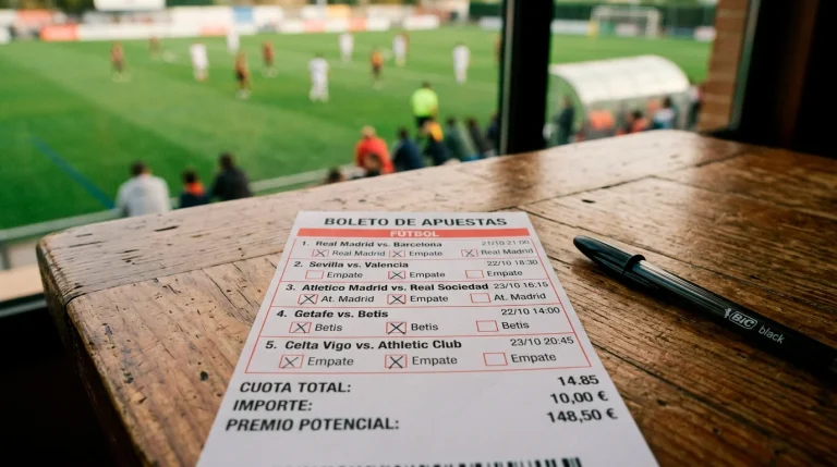Boleto de apuestas deportivas con varias selecciones marcadas sobre una mesa junto a un bolígrafo y un campo de fútbol al fondo