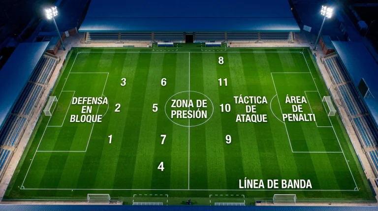 Vista cenital de un campo de fútbol con líneas tácticas dibujadas sobre el césped verde iluminado por focos