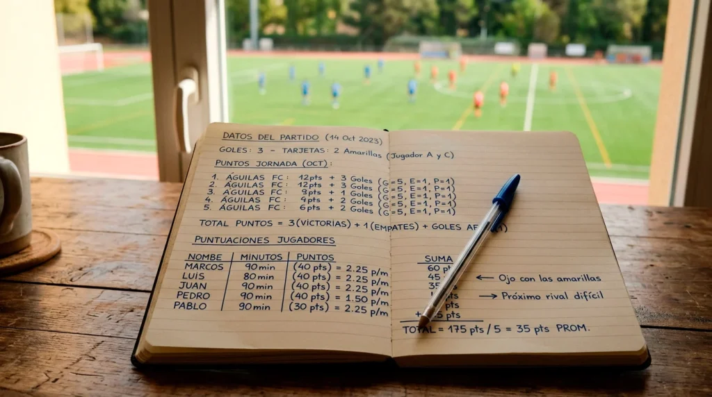 Cuaderno abierto con anotaciones escritas a mano junto a un bolígrafo sobre una mesa de madera con un campo de fútbol desenfocado al fondo