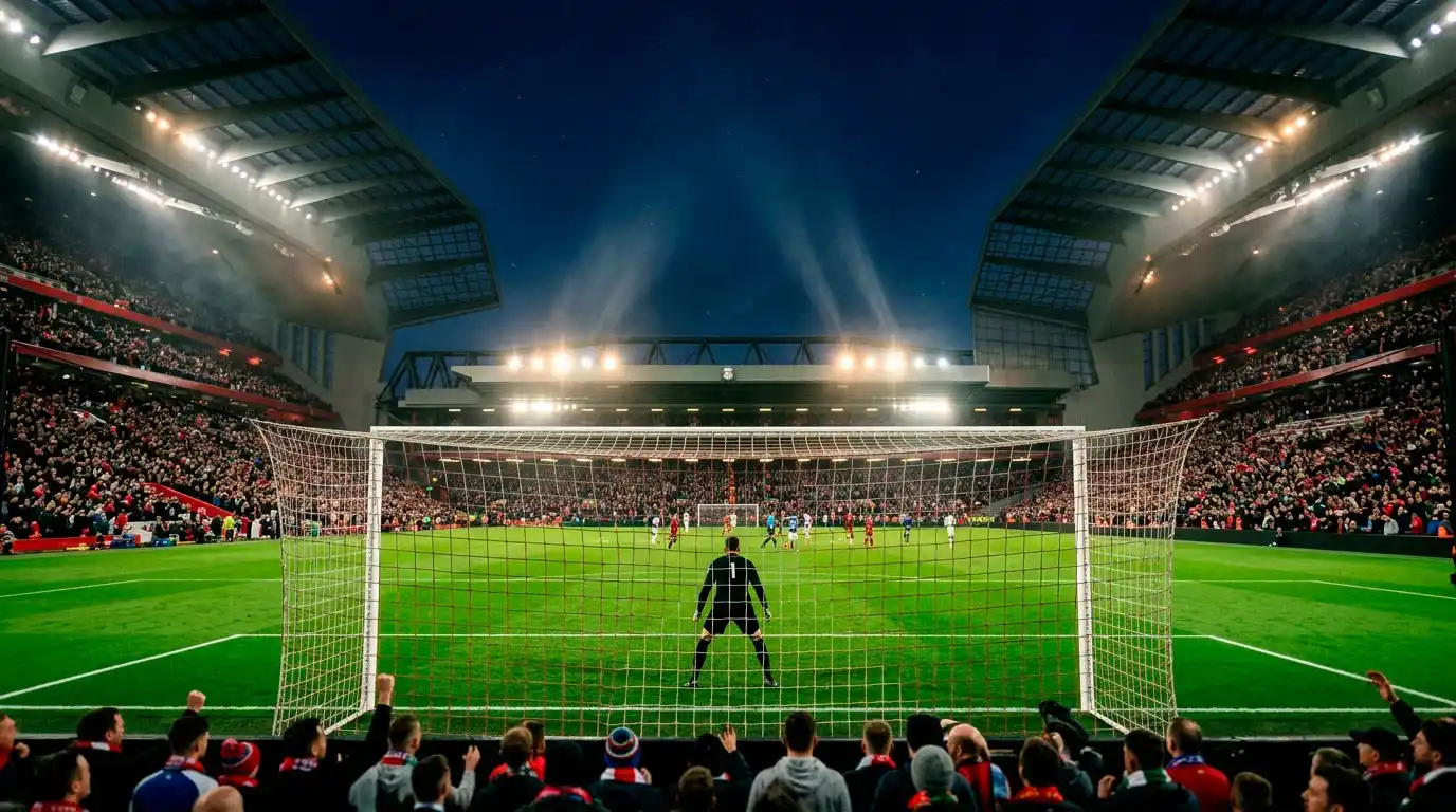 Estadio de fútbol inglés iluminado durante un partido nocturno de la Premier League
