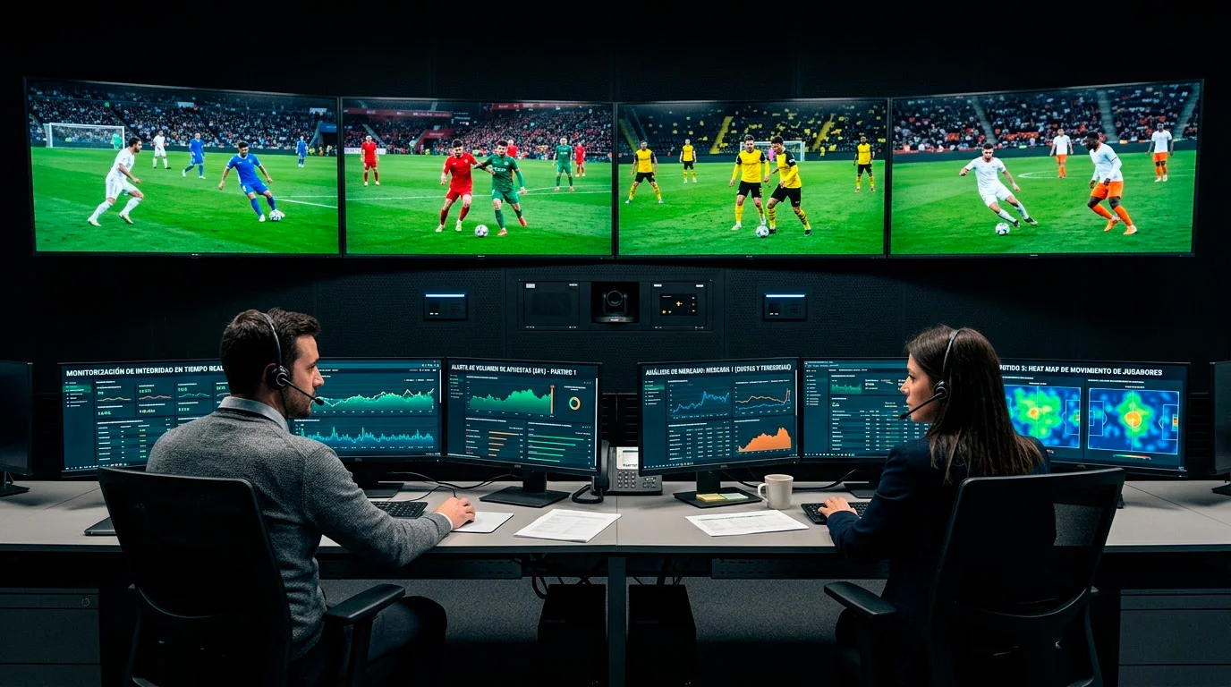 Centro de control de monitorización deportiva con múltiples pantallas mostrando partidos de fútbol en directo