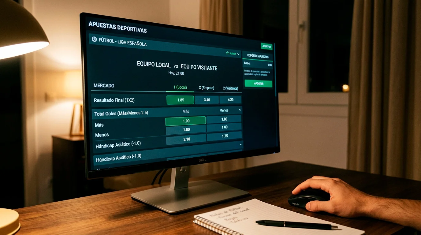 Pantalla de ordenador mostrando diferentes mercados de apuestas de un partido de fútbol