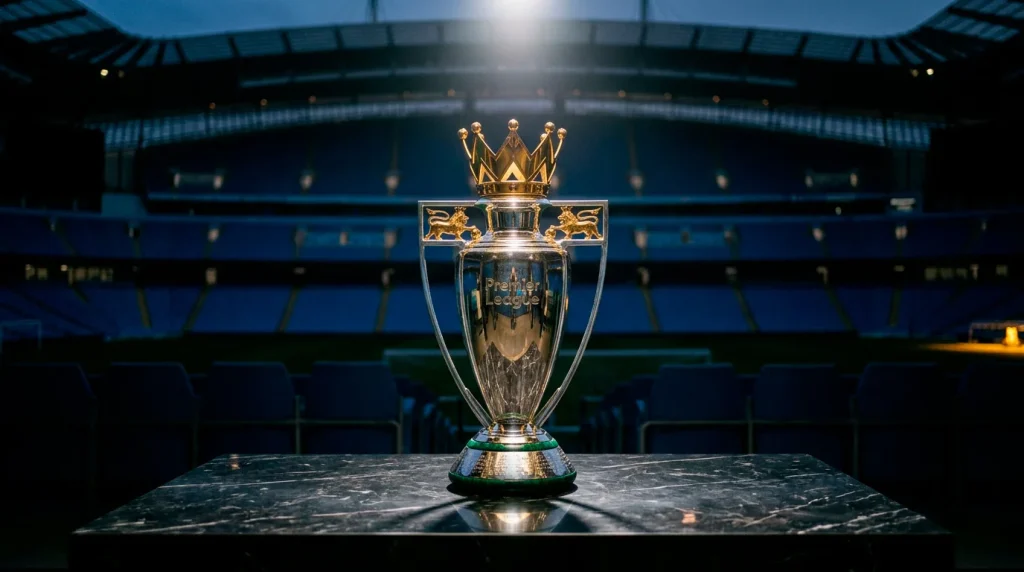 Trofeo de la Premier League iluminado sobre un pedestal en un estadio vacío