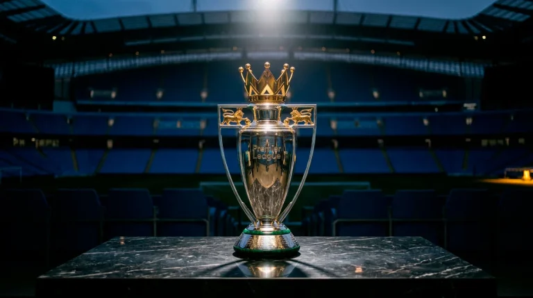 Trofeo de la Premier League iluminado sobre un pedestal en un estadio vacío