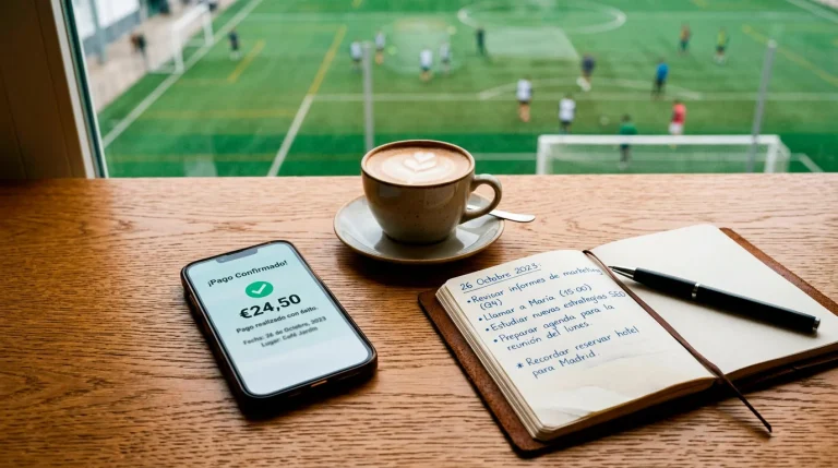 Mano sosteniendo un smartphone con el símbolo del euro sobre un fondo de campo de fútbol
