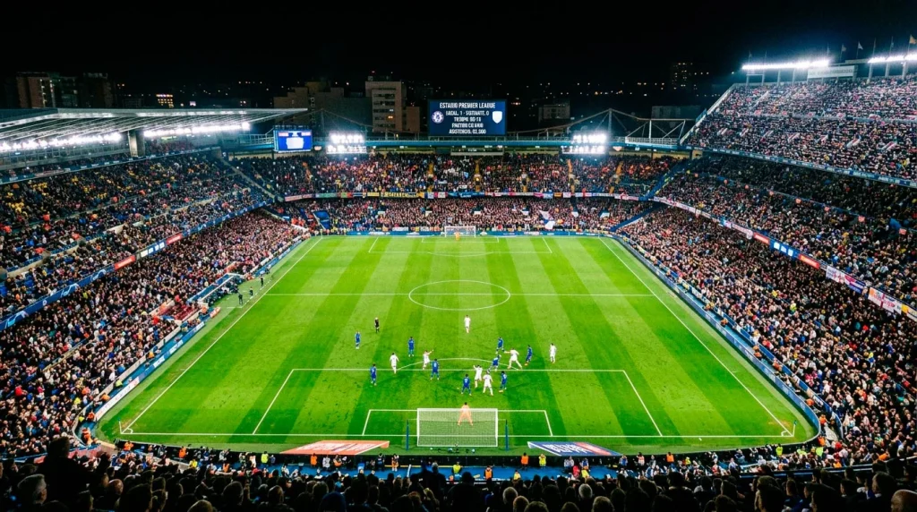 Estadio de fútbol inglés iluminado durante un partido nocturno con el césped intensamente verde