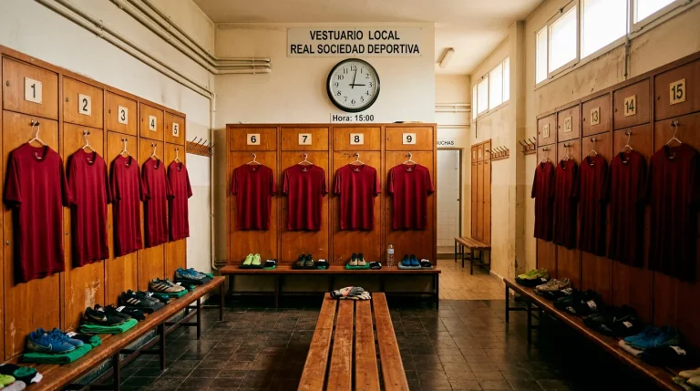 Vestuario de fútbol vacío con camisetas colgadas y un reloj de pared marcando las tres de la tarde