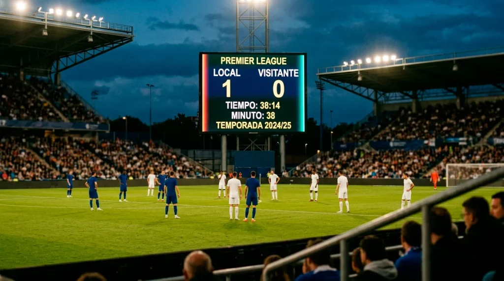 Marcador electrónico de un estadio de fútbol inglés mostrando un resultado parcial durante un partido