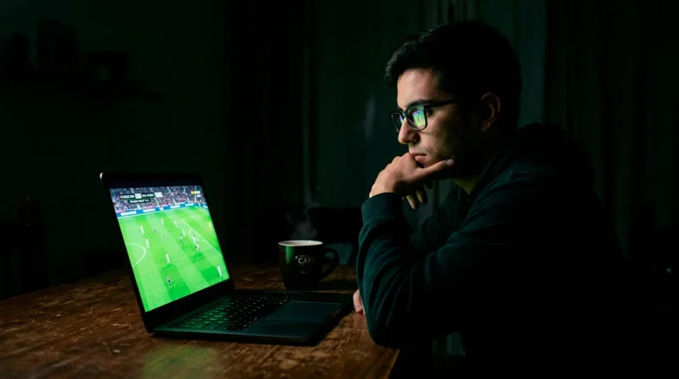 Persona viendo un partido de fútbol en un portátil en una habitación oscura con la pantalla reflejada en sus gafas