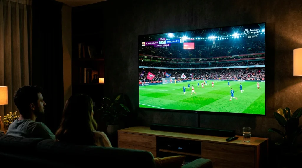 Pantalla de televisión mostrando un partido de fútbol en un estadio lleno de noche con focos iluminando el césped verde
