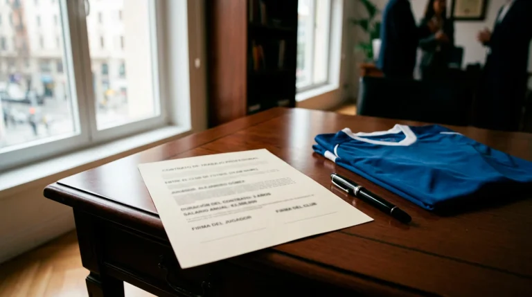Escritorio con un contrato de fútbol, un bolígrafo y una camiseta de fútbol doblada sobre una mesa de madera oscura